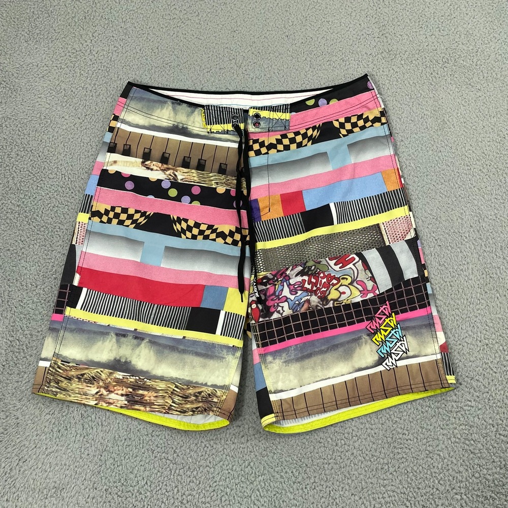 Rusty Board Shorts Men 36 Multi-color Retro Collage Beach Surf Skate